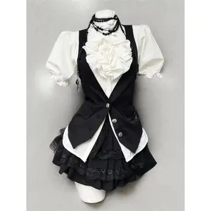 Harajuku Gothic Retro Chic Outfit Women Bubble Sleeve Shirt + Slim Vest + Short Cake Skirt New Vintage Fashion 3 Piece Suit 2025