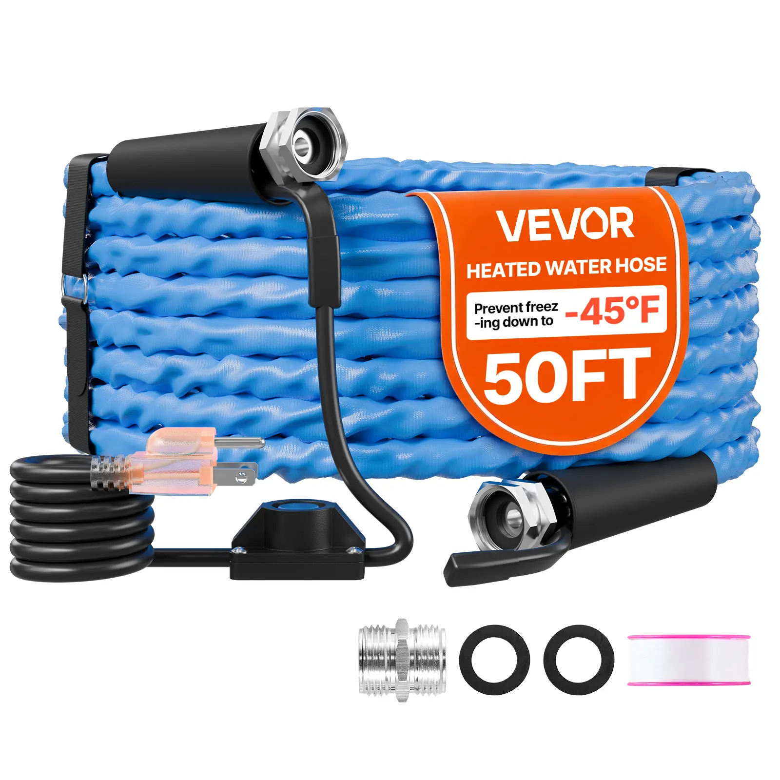 VEVOR 50FT Heated Water Hose for RV Users, 5/8" ID Waterhose, -45°F Antifreeze, Corrugated Surface, Built-in Thermostat, Freeze-Proof, Leak-Proof, Lead-Free, BPA-Free, Fast Heating for RV Camping