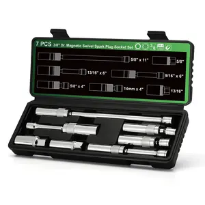 7 Piece 3/8-Inch Drive Magnetic Swivel Spark Plug Socket Set, Includes 9/16-Inch, 13/16-Inch, 5/8-Inch, 14mm Socket, 6-Point &12-Point, CR-V, Enhanced Magnetic Design with Thin Wall Socket