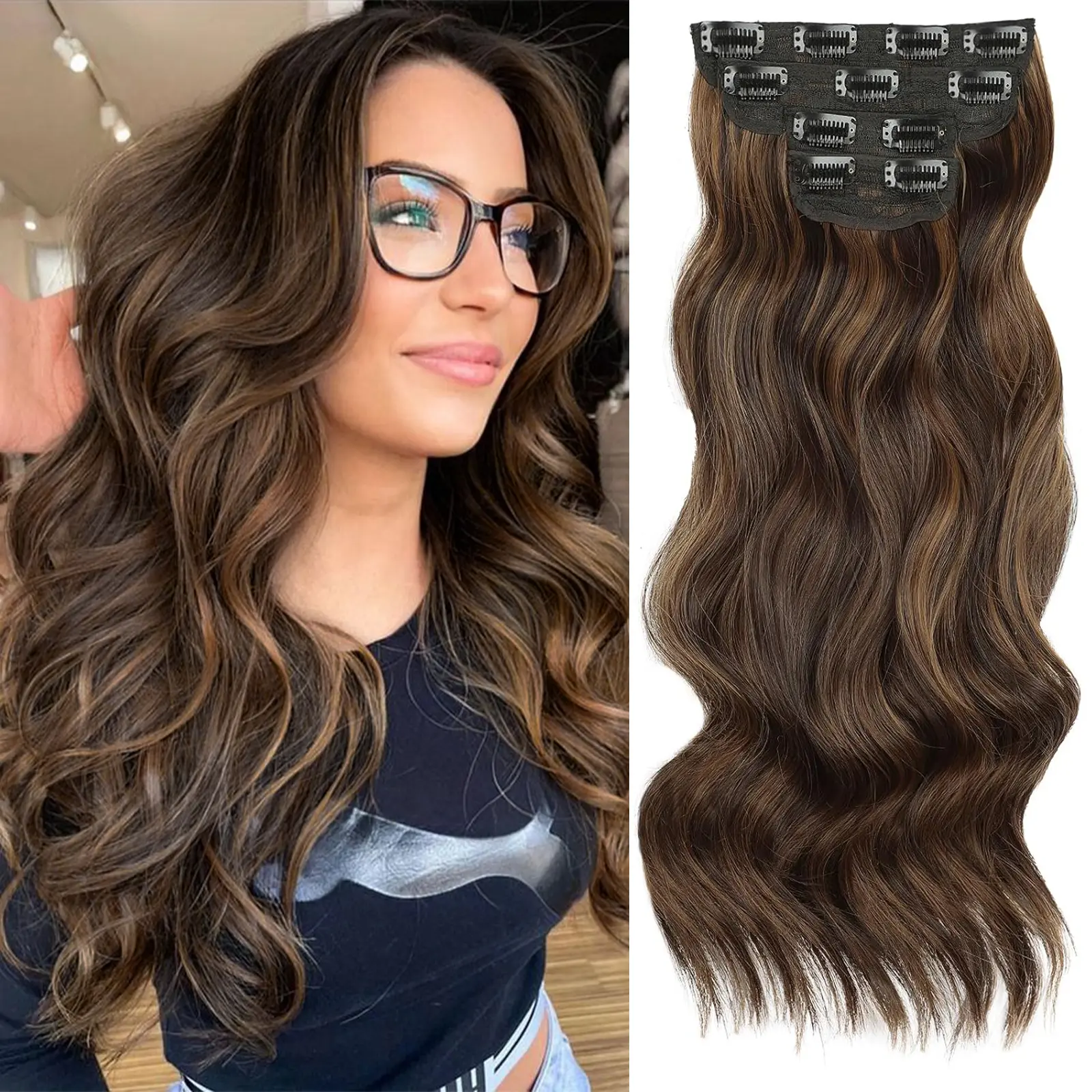 Vigorous Clip-In Hair Extensions for Women, Long Curly Wavy Synthetic Hairpiece in Mixed Brown, Easy to Install with Weft Clips for Daily Wear & Parties, Synthetic Curly Wavy, Clip Hair Extensions