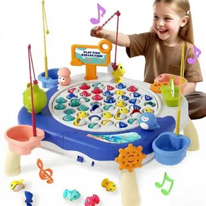 Magnetic Fishing Game for Kids Ages 1-8, 42 Holes Rotating Music Fish Board, 10 Rods, 4 Buckets, Portable Toddler Table Toy, Toddler Pretend Play, Toddler Fishing Set, Fishing Playset, Educational Birthday Gift