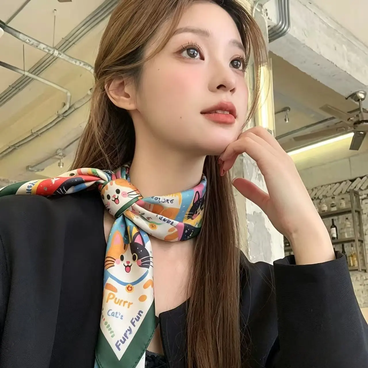 New Cute Cat Pattern Women's Scarf, Smooth Translucent Texture, Multi-Functional Headscarf, Lightweight Portable, All Seasons, Bohemian Style