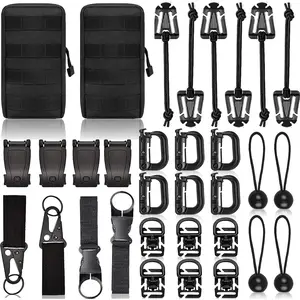 Molle Accessories Kit of 28 Attachments, D-Ring Grimloc Locking Gear Clip for 1“ Webbing Strap Tactical Backcount Web Dominator Elastic Strings Strap