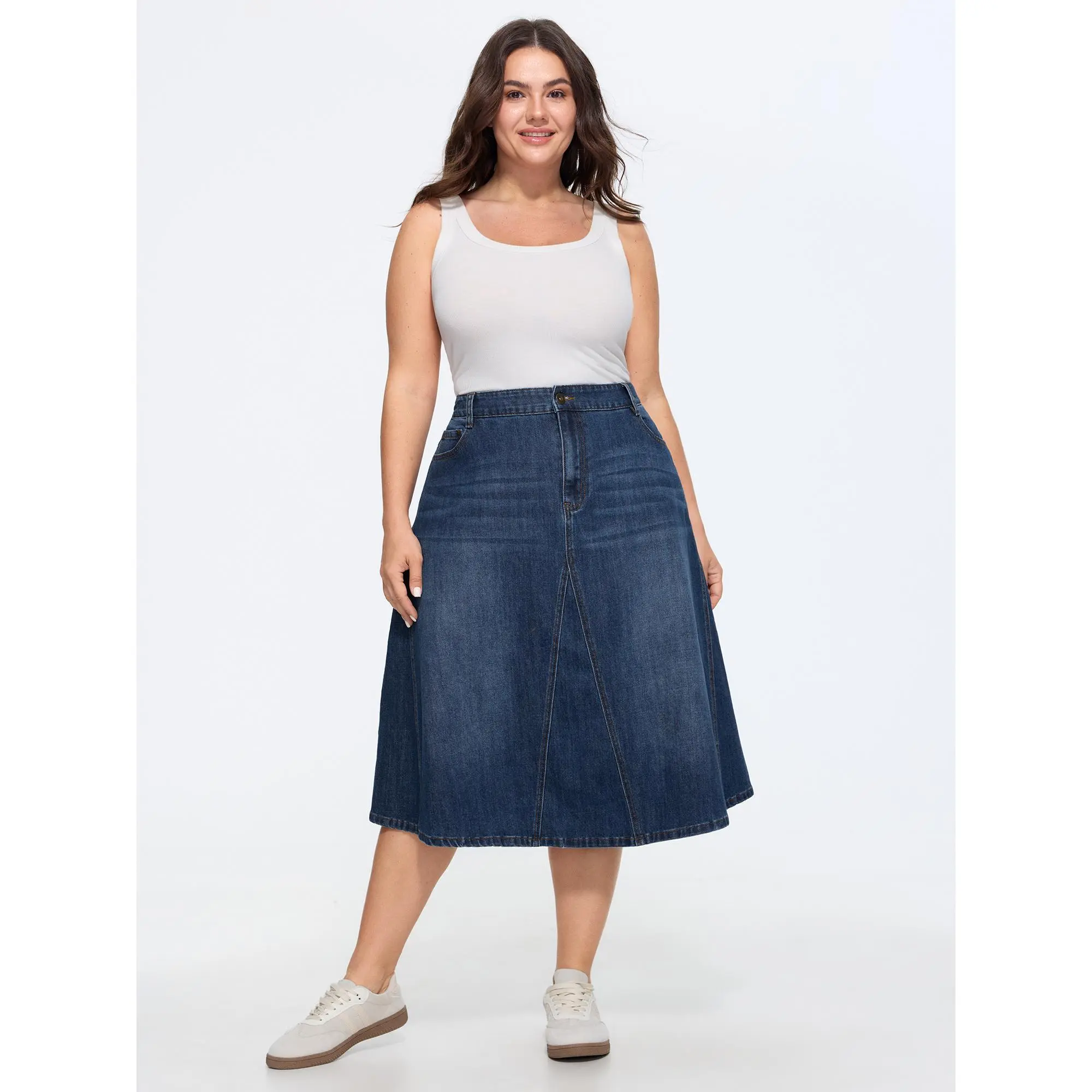 BloomChic Women's Plus Size Stretchy Mid-Rise Denim Skirt - Solid Cotton Fabric, Seamed Front, Button Closure, 5-Pocket, Casual Plain, Machine Wash Cold, Summer Finds, Spandex, Garment,back to school shopping, Fit