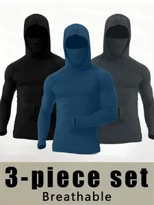 3 Pack Men's Quick-Dry Sports Hoodies With Face Mask - Athletic Hoodies, Breathable, High-Elastic Polyester Fabric For Gym, Running & Casual Attire, Sports Activewear Set In Navy, Black, And Dark Blue