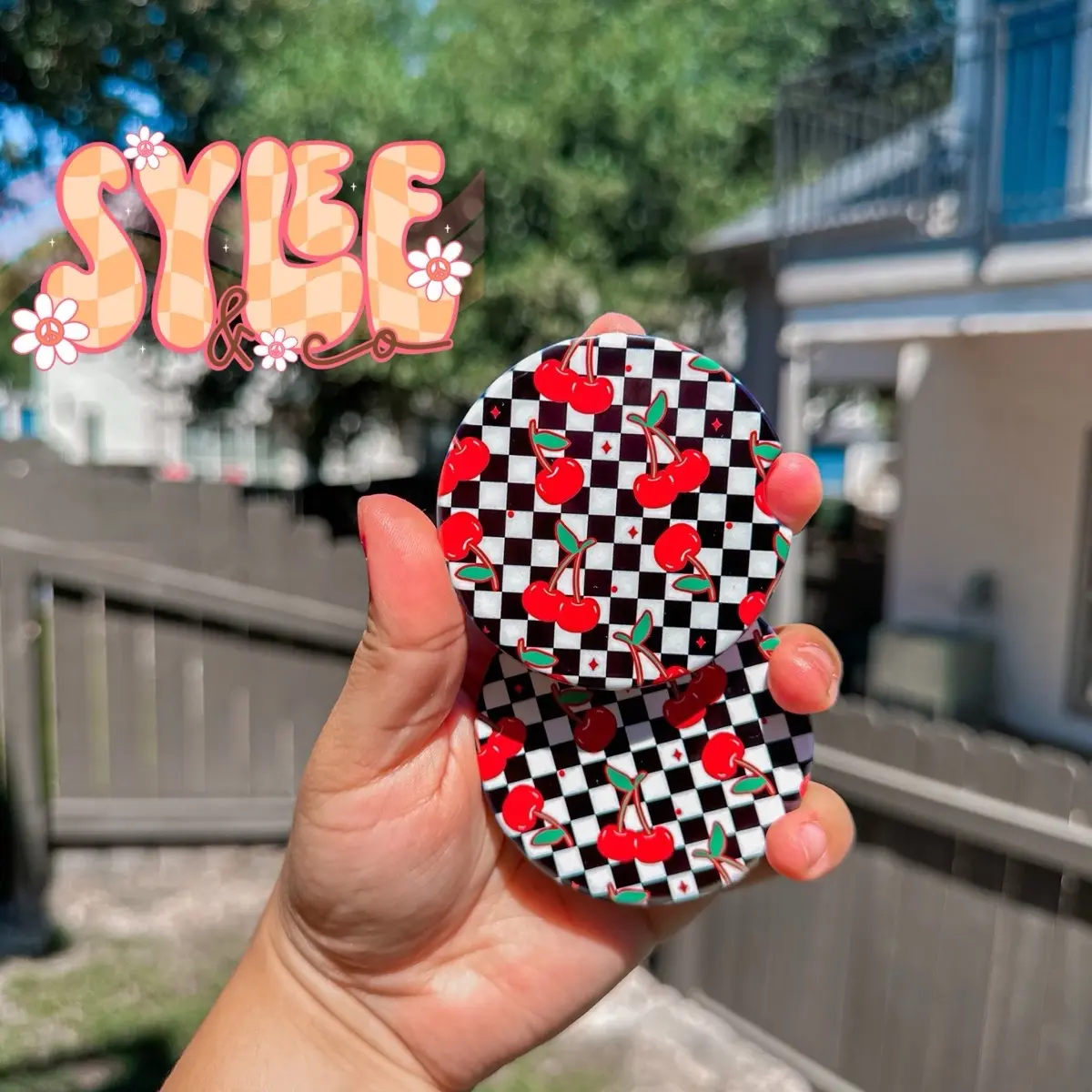 Checkered Cherry Coasters | Set of 2 MDF non slip car accessory