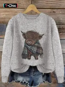 Women's Cartoon Cow Animal Print Round Neck Sweater, Casual Long Sleeve Crew Neck Jumper for Fall & Winter, Fashion Women's Knitwear for Daily Wear, Tops, Womenswear