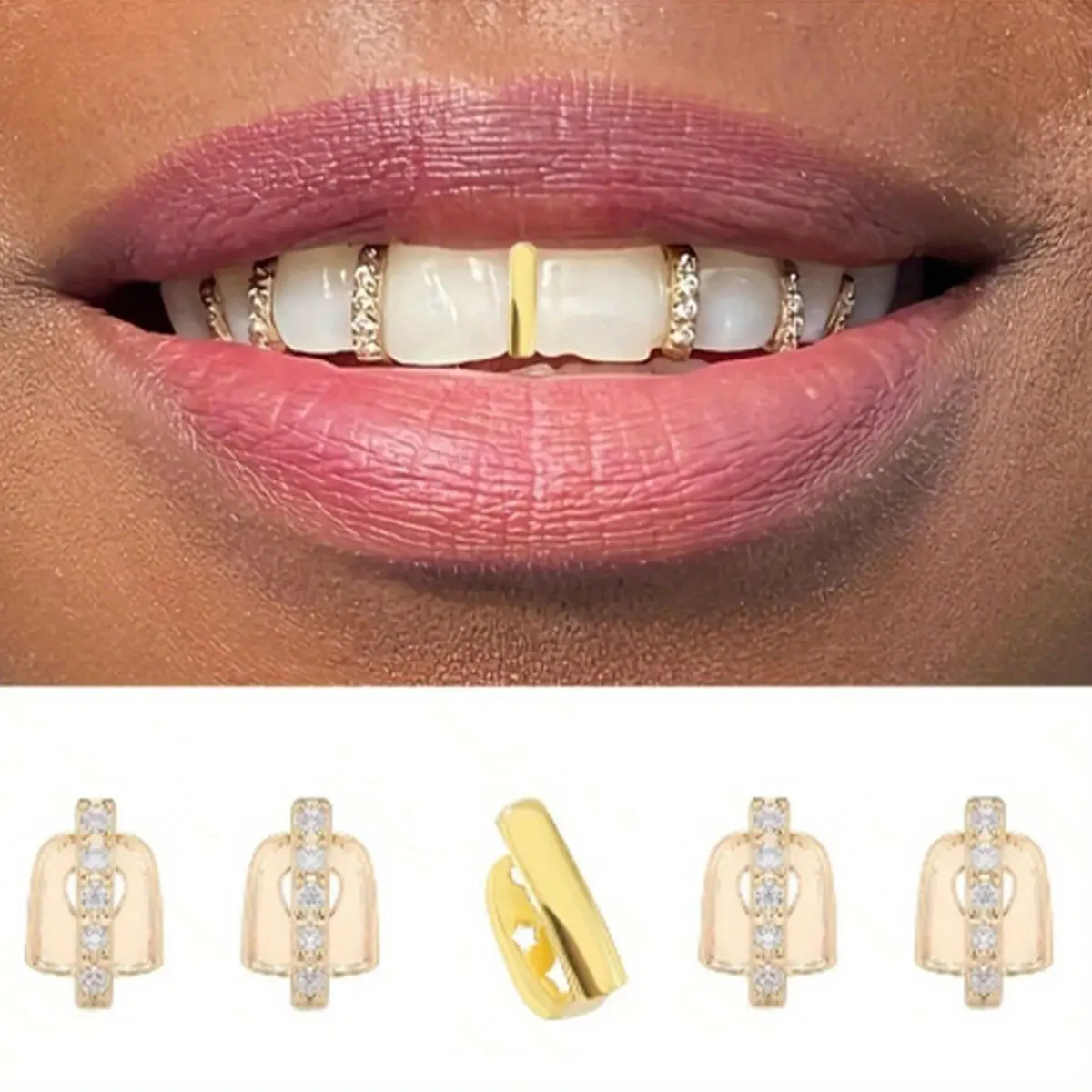 Mosaic Copper Tooth Gems, 5-Piece Hip Hop Grillz with Synthetic Zirconia, Unisex Single Tooth Caps for Halloween Party, Multi-Pack