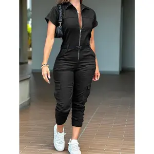 2025 New Women's Fashion Zipper Jumpsuit Short Sleeve Lapel Multi-Pocket Belt Jumpsuit