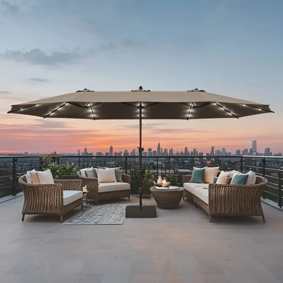 FUFU&GAGA 15ft Large Solar Umbrella Outdoor Patio Yard Umbrella Double-Sided Rectangle Market 36 LED Lights Patio Umbrella with 12 Sturdy Ribs