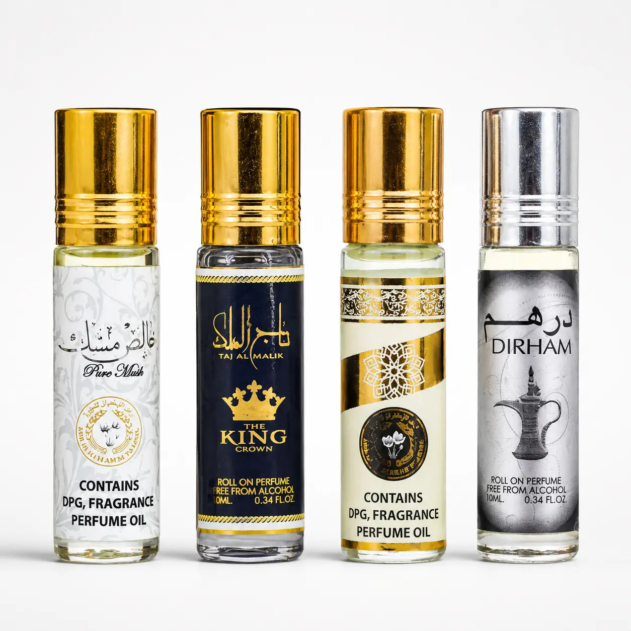 Dirham Roll-on + Oud Mood Roll-on + Taj Al Malik Roll-on + Pure Musk Roll-on ---- 4-piece Roll-on bundle