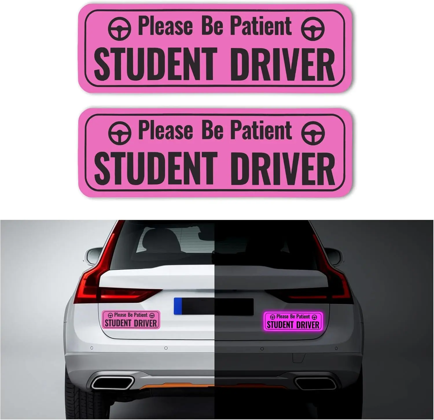 2PCS Student Driver Magnet for Car,Highly Reflective Student Driver Sticker for Door/Trunk/Hood/Bumper,Universal Removable Please Be Patient New Driver Magnet for (Pink)