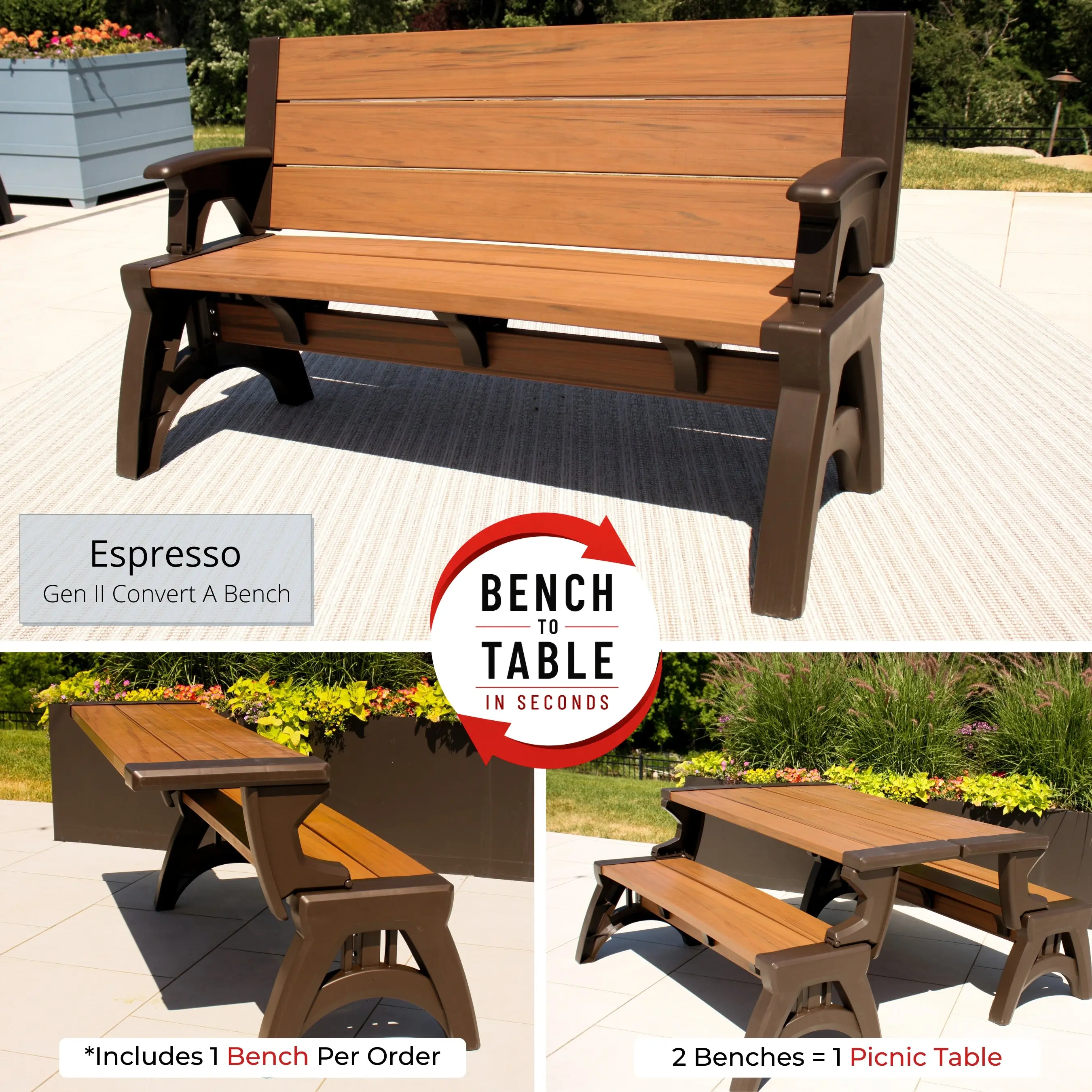 Convert A Bench Gen II XL Designer Series 2-in-1 Outdoor Convertible Bench to Picnic Table | Space-Saving, Weather-Resistant Patio Furniture for Yard, Deck, Garden | Easy Assembly & Durable - 1 Bench/Order