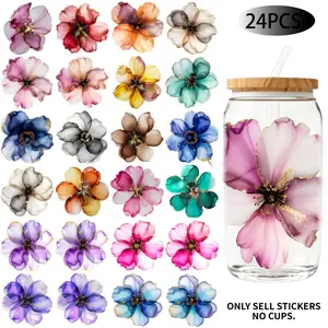 Luxury Alcohol Ink Flower Theme UV DTF 16OZ DIY Transfer Stickers - Suitable for 16oz water bottles, glass bottles, laptops, home decoration DIY. High-adhesion transfer paper, easy to peel off, high-definition printing