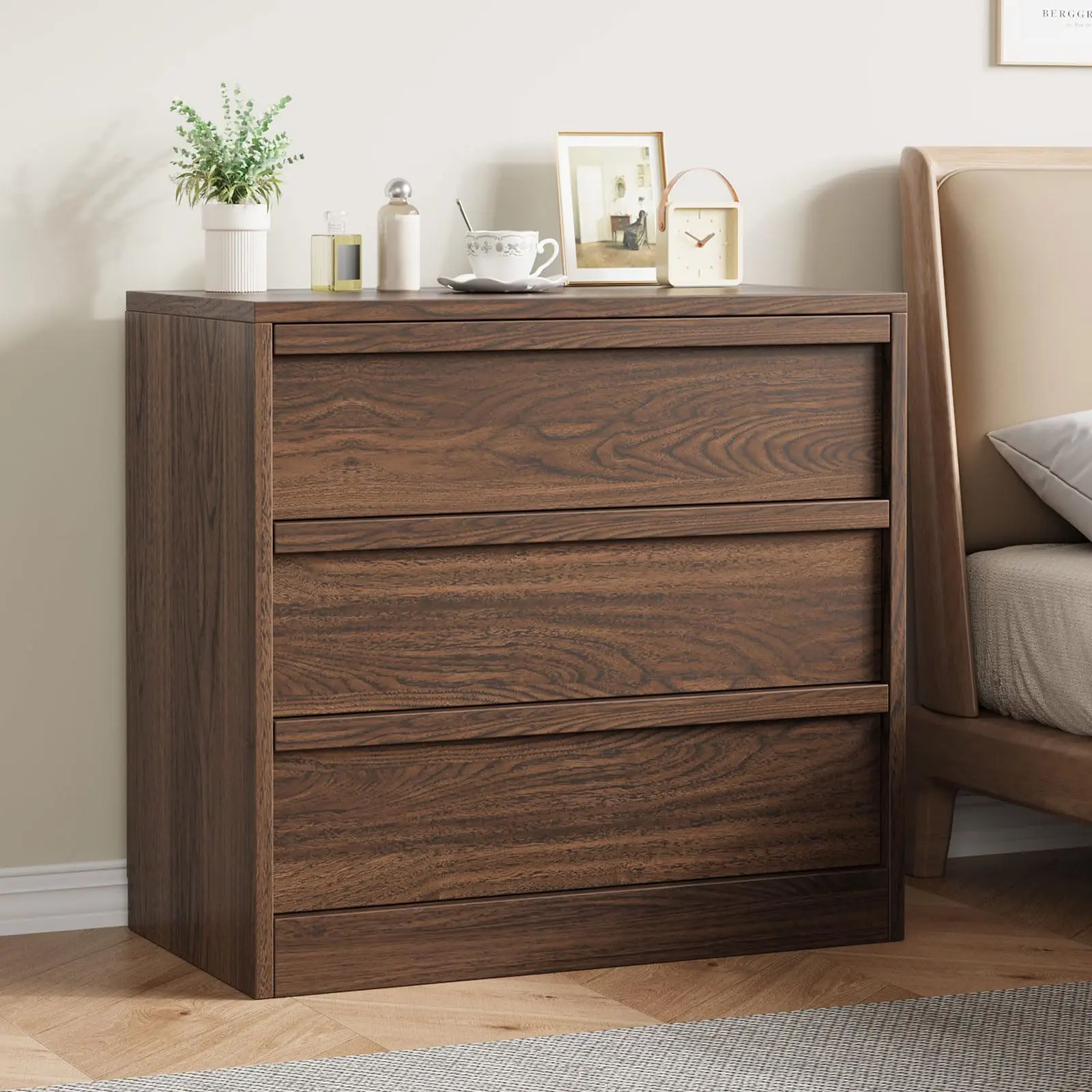 Walnut and oak toned 4 drawer dresser with large storage space. Dual use as bedside or side table, built in anti tip design ensures safe daily use.