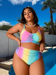 Women's Plus-Size 2-Piece Polychromatic Rainbow Bikini Set - Polyester High-Stretch Swimwear, Ruched Waist, Tummy Control, Cross Front, Colorful Gradient Beach Bathing Suit Women Set, Polychromatic Bikini, Plus Size Swimsuits, Curve Bikinis Set