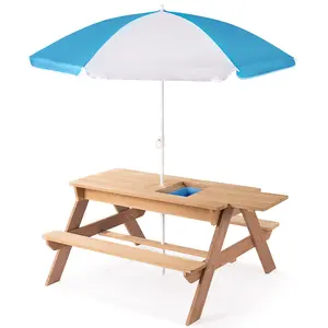 Children's Sand and Water Activity Table, 3-in-1 Wooden Outdoor Picnic Table with Umbrella, 2 Play Boxes and Removable Lid, Kids Picnic Table Natural picnictable