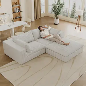78.8" Modular Sectional Sofa Couch with Ottoman, L Shaped Cloud Boneless Sofa Couches for Living Room, Deep Seat Corduroy Upholstered Couch Furniture Set, No Assembly Required,White
