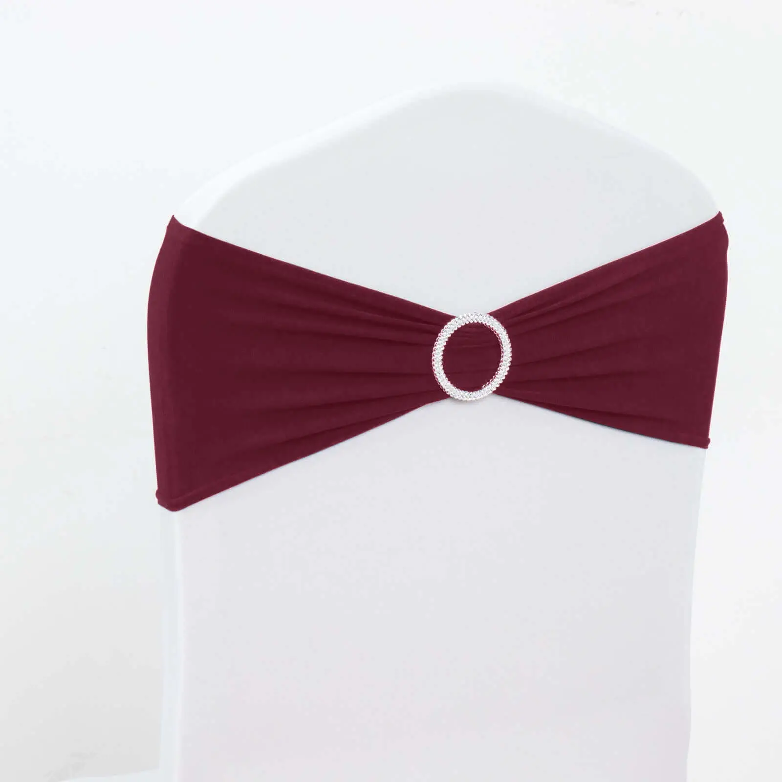 5-Pack Burgundy Non-Customised Stretch Spandex Chair Sashes - Reusable Chair Bands with Silver Diamond Ring Slide Buckle, 5"x14" for Weddings, Parties, Hotels, Restaurants