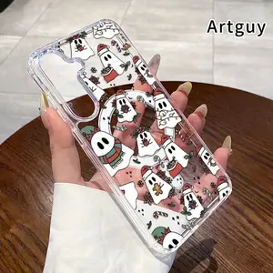 Magnetic Phone Case Supports Wireless Charging for  Samsung Galaxy S23 Ultra S24 Plus FE S25 S22+ Ghostly Christmas Charm Pattern Non-Yellowing Shockproof Soft Silicone Transparent Acrylic Large Hole Cover