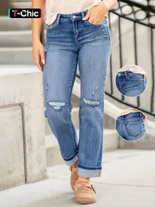 Women's Stretchy Elastic Fitted Button-Front Ripped Denim Jeans with Rolled-Up Cuffs, Trendy and Fashionable for All Seasons