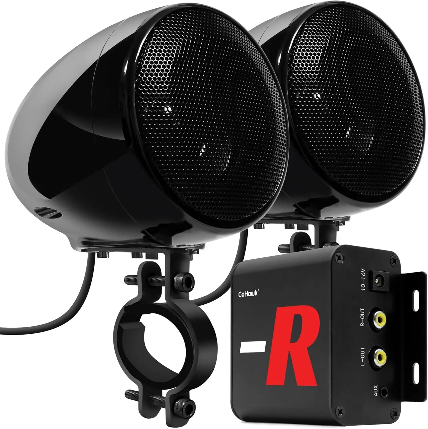 GoHawk Motorcycle Speakers Bluetooth Waterproof Radio Audio System with Amplifier, FM Radio, Volume Control, ATV UTV Compatible