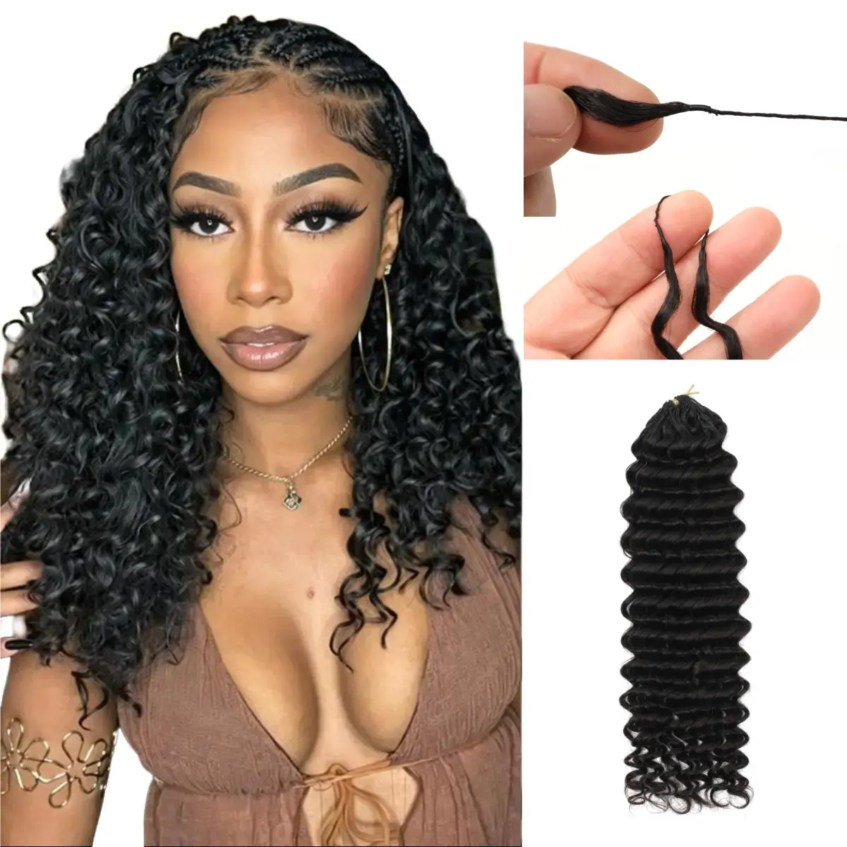 Human Hair Crochet Hair Extensions - Crochet Method, Pre-Separated Feather Design, Deep Wave, Natural Black, Lightweight, 60g per Pack Hairpiece