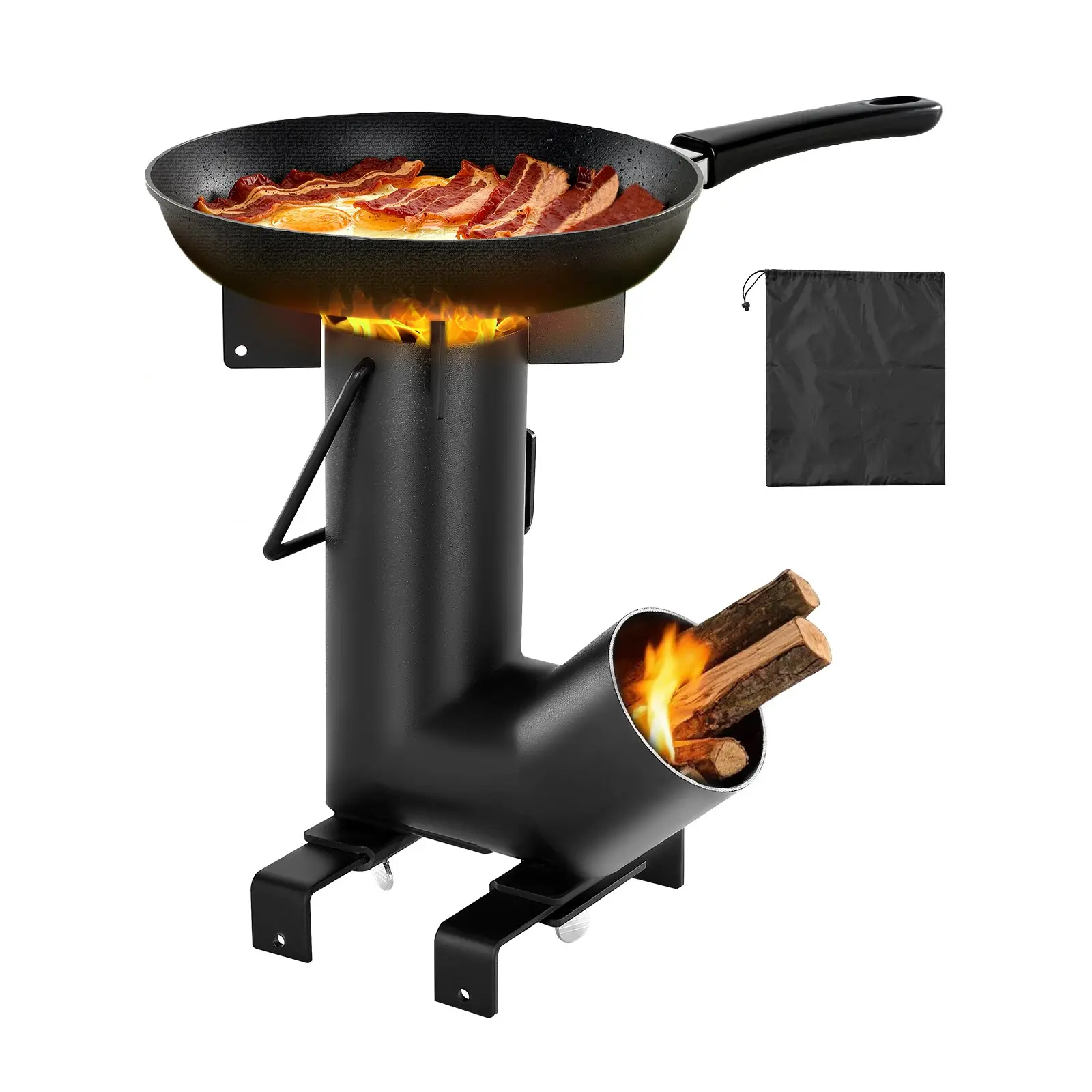 VEVOR Carbon Steel Wood-Burning Portable Rocket Stove with Airflow Design, Rocket Shape, Side Handles & Carrying Bag for Backpacking, Outdoor Cooking, Heating, Black