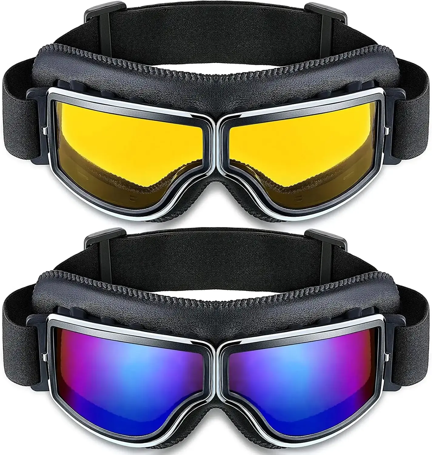 Vintage Pilot Style 2-Piece Motorcycle Goggles Set with Anti-Scratch Lenses, Dustproof, Windproof, Sun Protection for Riding, Cruisers, ATV/Scooter