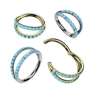 16G Turquoise Double Hoop Clicker • Double Septum Ring • Stacked Clicker Hoop • Nose Ring • Titanium • Layered Piercing • Conch • Helix