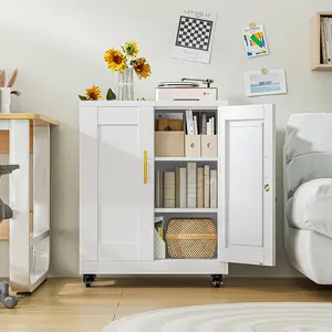 Metal Storage Cabinet with Wheels 36" Tall Locking Storage Cabinet with 2 Adjustable Shelves Locking Garage Cabinet Steel Locker Organizer for Office Home School White