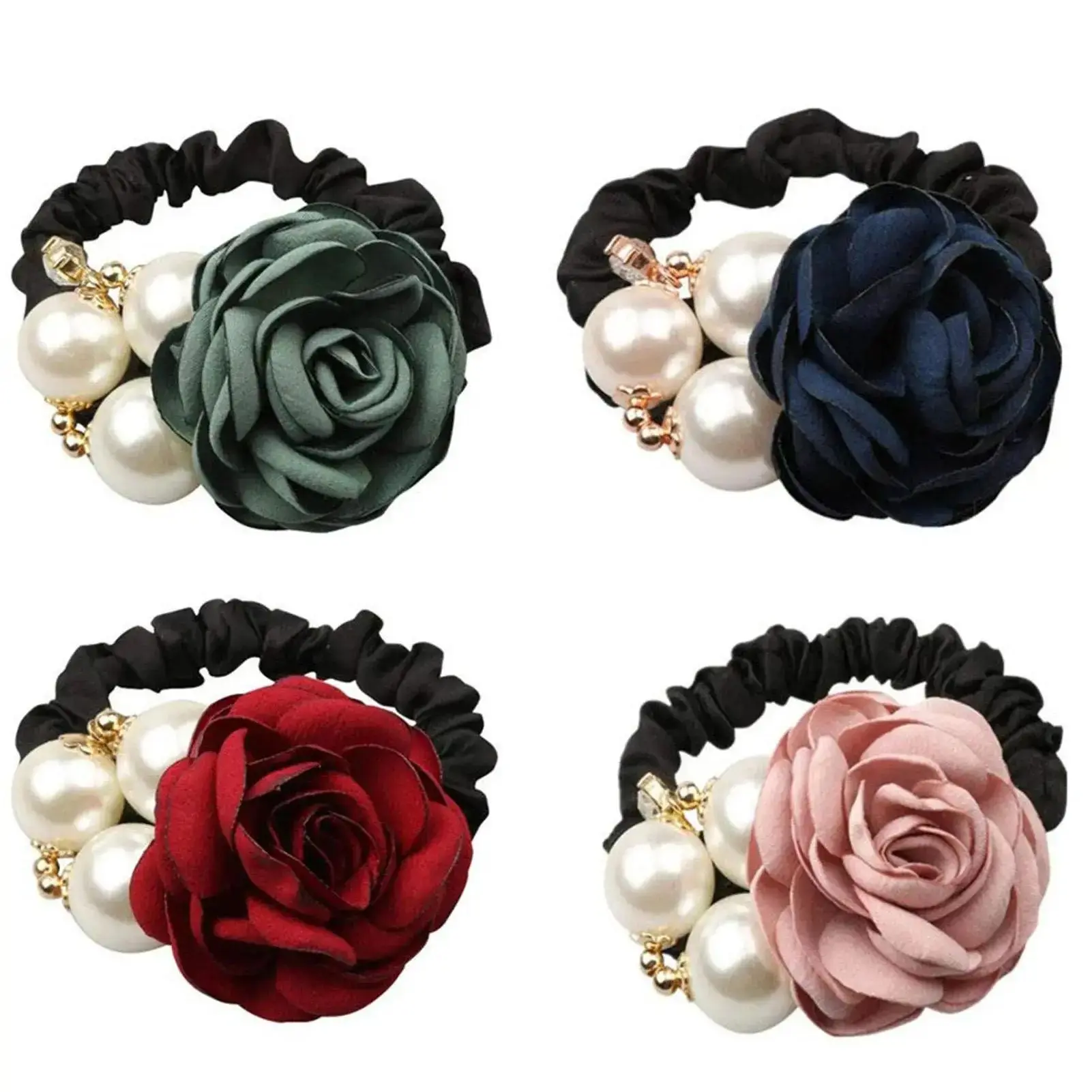 Pearl Hair Ties 4Pcs Korean Style Hair Scrunchies with Rose Flower Rhinestone Decor, Elastic Soft Hair Bands Jewelry Accessories for Women Girls, Cute Fashion Hair Ties for Daily Wear, Party & Casual Styling