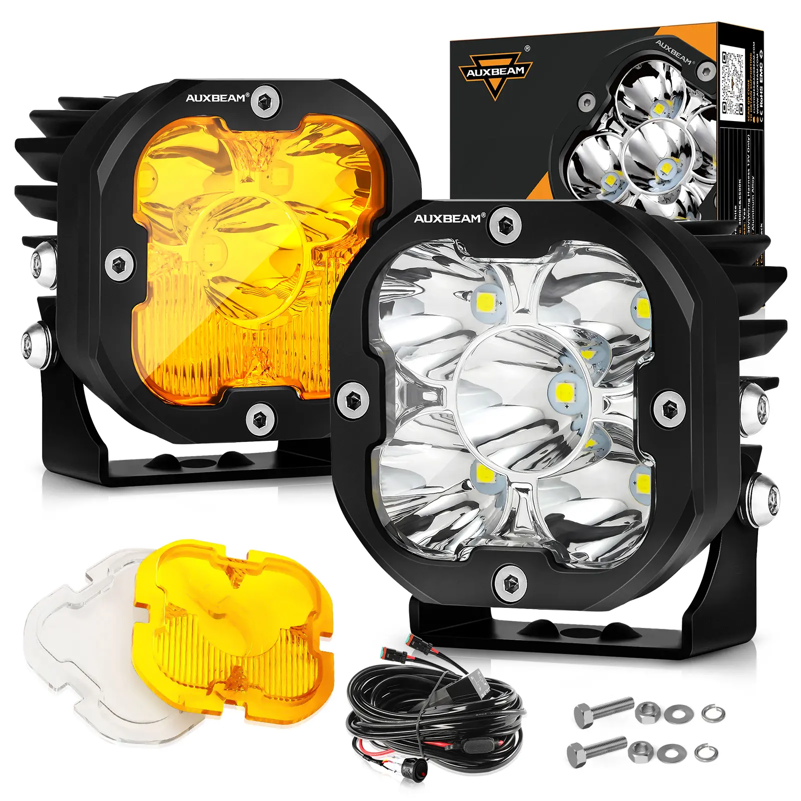 AUXBEAM X-PRO Series 3" 80W Cube LED Pods White Spot Beam & Amber spod flood Combo Beam Replaceable Light Covers 9600LM Offroad Ditch Lights Driving Light Bar Cubes,car accessories