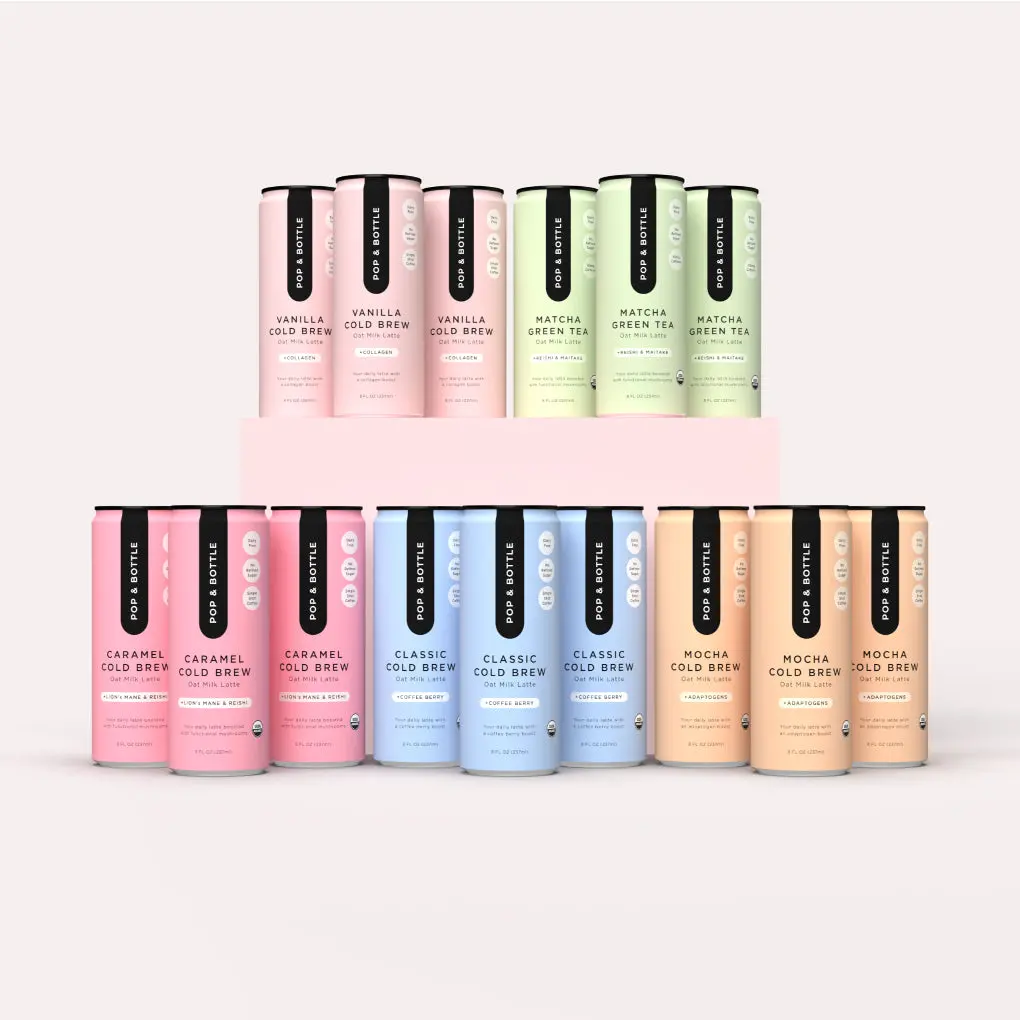 Pop & Bottle Ultimate Sampler Pack - Low Sugar Oat Milk Lattes (5 Varieties: Caramel, Vanilla, Mocha, Ceremonial Matcha, Coconut Cream-Infused) with Ashwagandha, Maitake, Reishi, Botanical Extracts & Antioxidants
