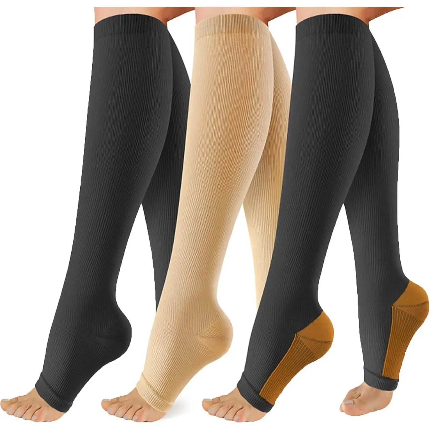 3 Pack Copper Compression Socks for Women & Men, 20-30mmHg Open Toe Knee High Support Socks for Varicose Veins, Running, Athletes, Joggers, Nurses, Muscle Recovery, Gift for Friends, Doctors, Unisex Fit, 20-30Mmhg Grade Compression, Varicose Relief, Compr