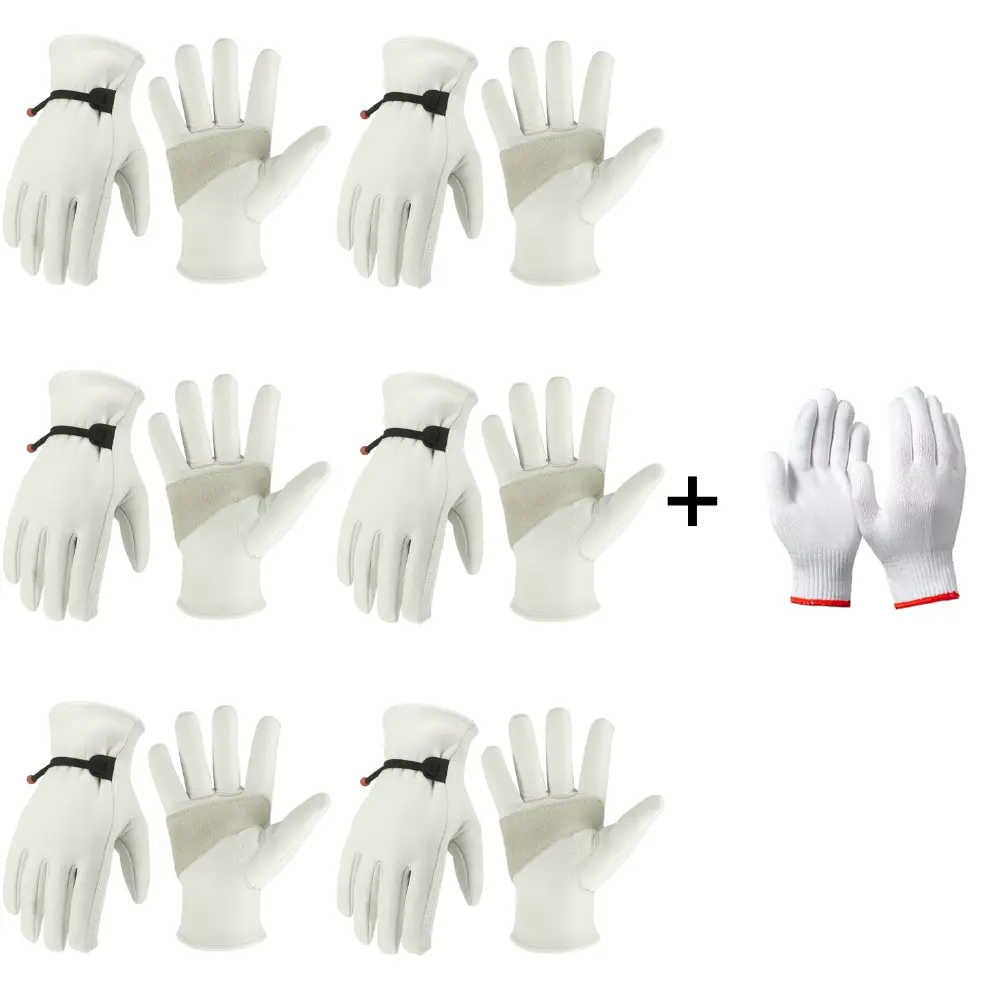 6-Pair Goatskin Leather Work Gloves, Soft Leather Durable Grip Safety Gloves for Construction & Outdoor Use