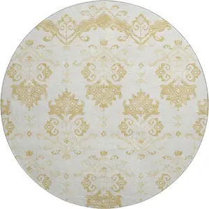 HomeRoots 663753 8 ft. Gold & Beige Medallion Washable Round Area Rug, Durable Full-Sized Multi-Tonal Rug with UV Protection, Durable Area Rugs, Full-Sized Area Rugs