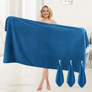 Luxury 4-Piece Bath Towel Set – Extra Large (200x100cm), Quick-Dry & Ultra Absorbent Microfiber – Perfect for Spa, Beach & Home Blue and Gray solid color