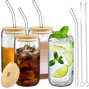 EVE 4-Pack 16oz Glass Cups with Bamboo Lids, Straws & Brushes – Iced Coffee Tumblers with Lids for Drinkware Bottles Multicolor