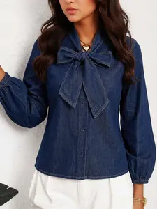 Women's Bow Tie Denim Shirt Top, Long Sleeve French Bubble Sleeve Loose Casual Blouse, Stylish and Comfortable, Perfect for Daily and Everyday Wear