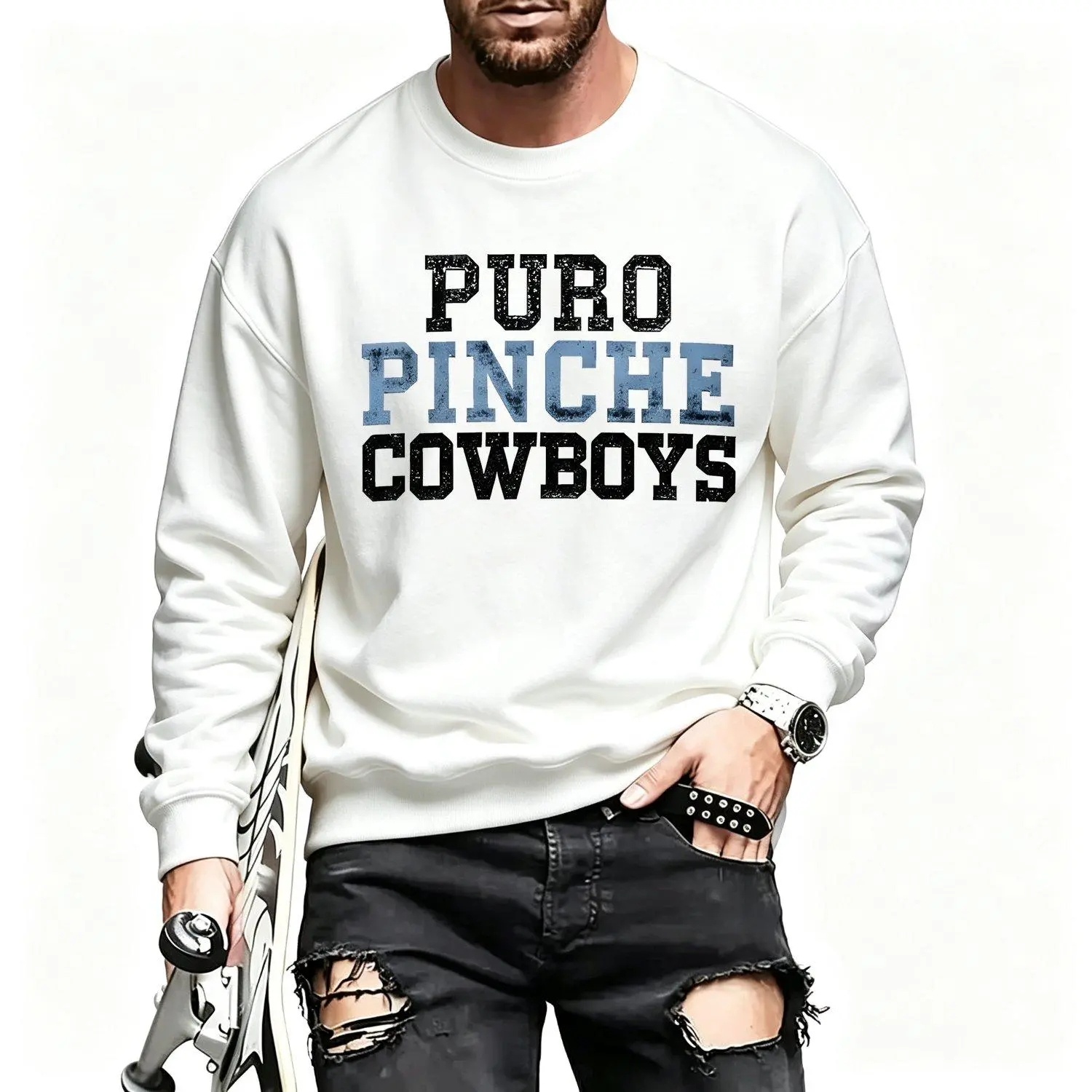 Puro Pinche Cowboys Men’s Sports Sweatshirt Short Sleeve Crew Neck Casual Athletic Top Featuring Original Graphic Design Hoodie Menswear