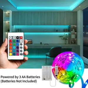 1PC RGB LED Strip, 24-Key IR Remote, Color Changing Lights with Flash Fade Modes, Powered by 3 AA Batteries (Batteries Not Included), Self-Adhesive for Gaming Desk, TV Backlight & Party Decor