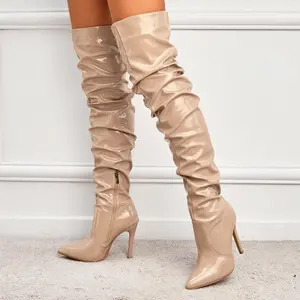 2025 Autumn/Winter Women’s High-Heel Knee-High (Over-the-Knee) Long Boots – Trendy, Folds, Stacked Design
