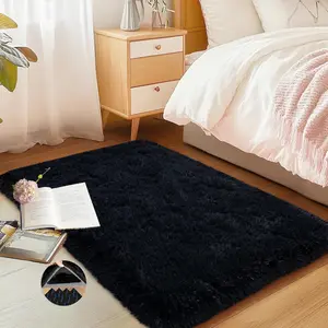 Black Area Rug for Bedroom, 2x3 Small Rugs for Living Room Nursery Kids Room Dorm Home Decor Aesthetic, Fluffy Shaggy Rug with 4 Anti-Slip Carpet Tapes Shag Faux Fur
