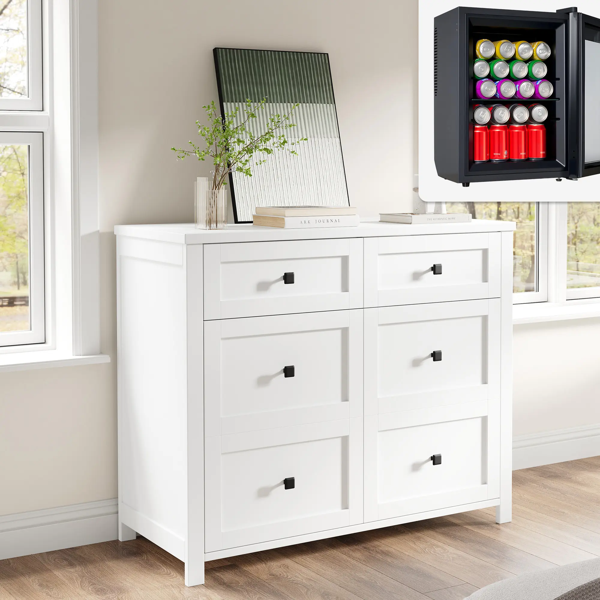 [Ships in 2 Boxes]AMERLIFE 41'' Wooden Multi-Purpose Dresser with Drawers and Cabinet Storage, Built-in Mini Fridge (Included), 24-Can Beverage Cooler, Living Room TV Stand & Entertainment Center