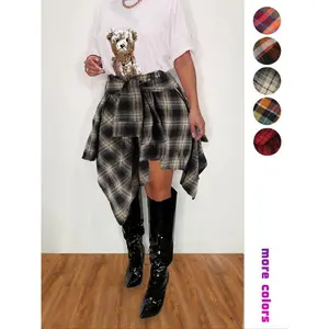 ��Personalized women's clothing��Women's Plaid Print Asymmetrical Hem Skirt, Casual Fashion Tie Front A Line Skirt for Daily Wear, Ladies Fall Clothes, Experimental Outfits, Preppy 80s Clothes Tweed Skirt, Going Out Bottoms, Summer Bottoms, Fitted