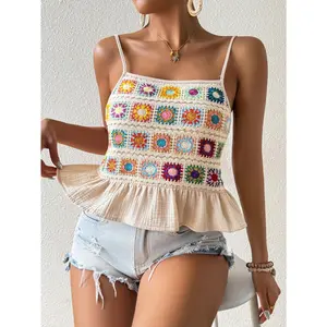 SHEIN Essnce Leisure Women Summer Vacation Style Floral Pattern Hem Ruffle Strap Tank Top Hawaiian Tank Top Summer Tops Summer Cothes Mother Day Outfit Swimsuit Cover Up Tanks Women