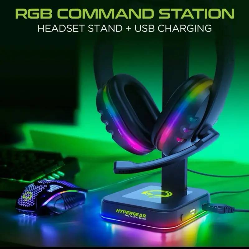 HyperGear Dual 7-Mode RGB Gaming Headset Stand with USB-C Hub, Silicone & ABS Desktop Headphone Holder for Gamers’ Gaming Setup