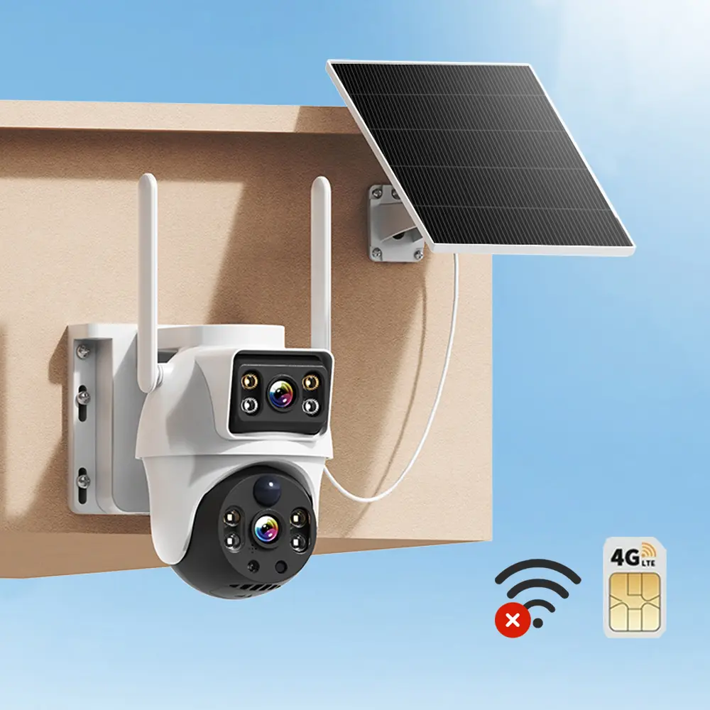 4MP 4G LTE Solar Security Camera With Big Battery Dual Lens Dual Screens, 360° PTZ No Blind Spots, AI Humanoid Detection, Motion Tracking, Intelligent Light&Sound Alarm, Full Color Night Vision, Two-Way Audio, SIM Card Inculded