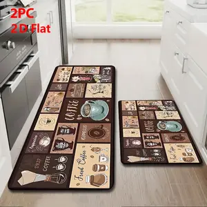 2/3 Piece Flannel Kitchen Mat Set, Vintage Coffee Theme, Anti-Slip, Absorbent, Ideal for Kitchen, Dining Room, Hallway, Kitchen Rug Sets